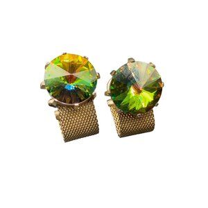 Vintage Cufflinks Gold Tone Mesh and Green Glass Rivoli Stones Prism Formal Wear